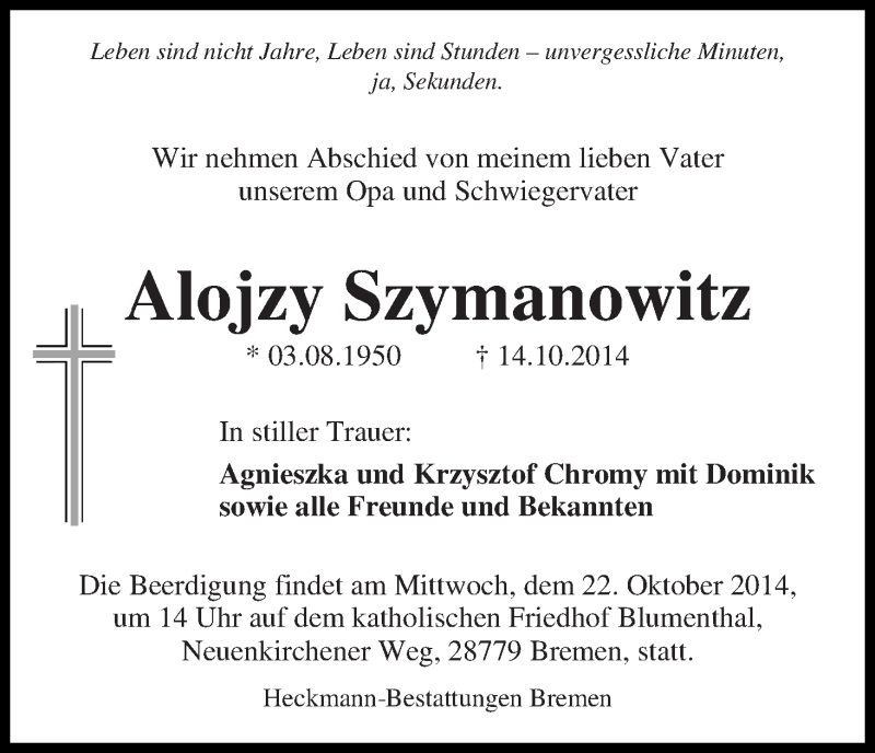 Traueranzeige von Alojzy Szymanowitz von Die Norddeutsche