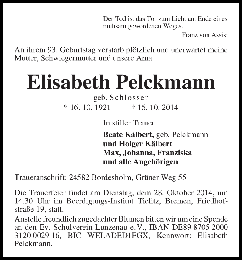 Traueranzeige von Elisabeth Pelckmann von WESER-KURIER