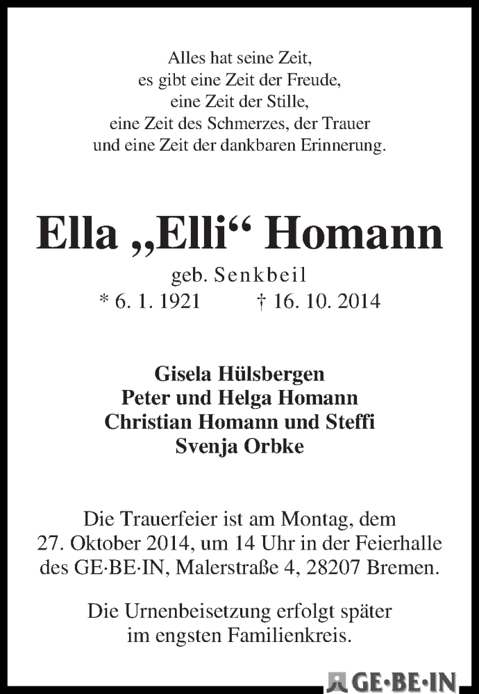 Traueranzeige von Ella Homann von WESER-KURIER