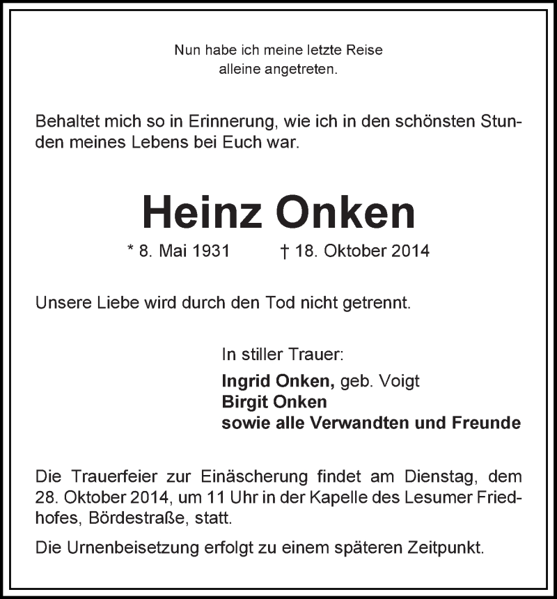 Traueranzeige von Heinz Onken von Die Norddeutsche