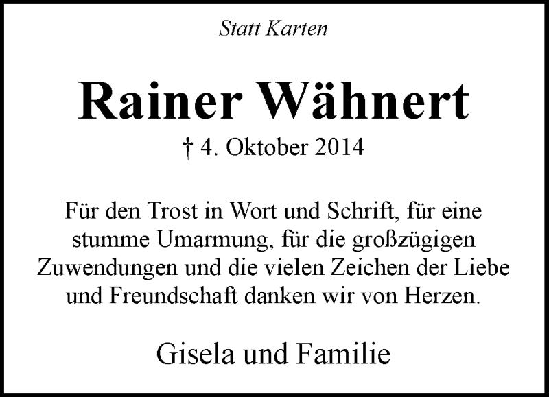 Traueranzeige von Rainer Wähnert von WESER-KURIER