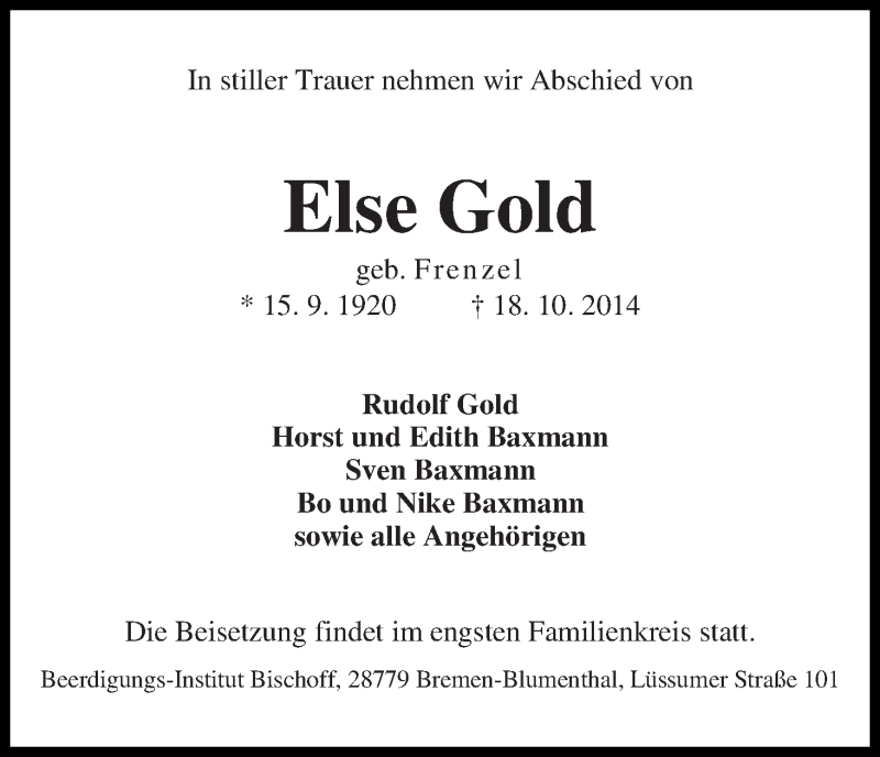 Traueranzeige von Else Gold von Die Norddeutsche