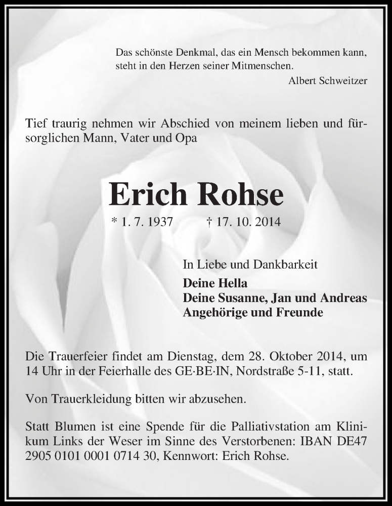 Traueranzeige von Erich Rohse von WESER-KURIER
