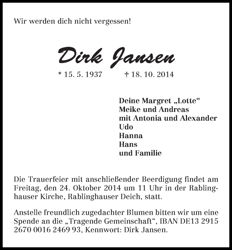 Traueranzeige von Dirk Jansen von WESER-KURIER