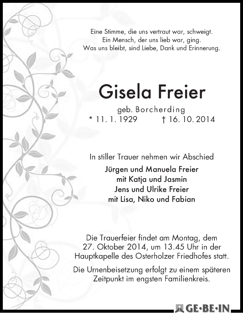 Traueranzeige von Gisela Freier von WESER-KURIER