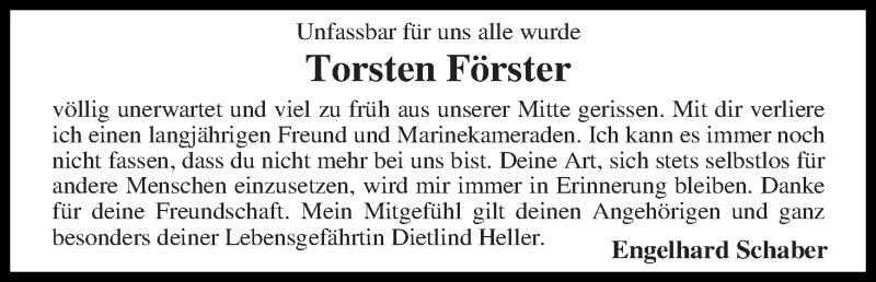  Traueranzeige für Torsten Förster vom 22.10.2014 aus WESER-KURIER