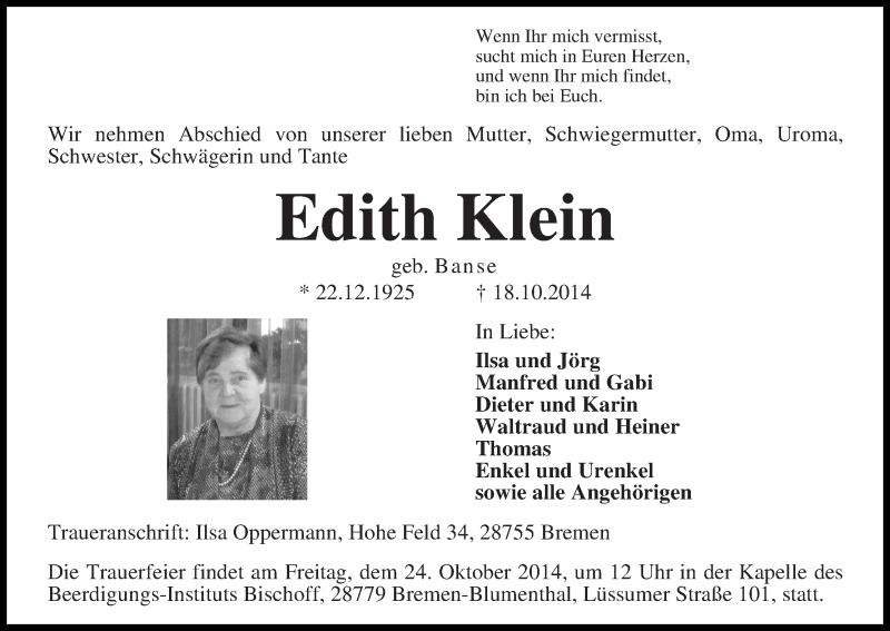 Traueranzeige von Edith Klein von Die Norddeutsche