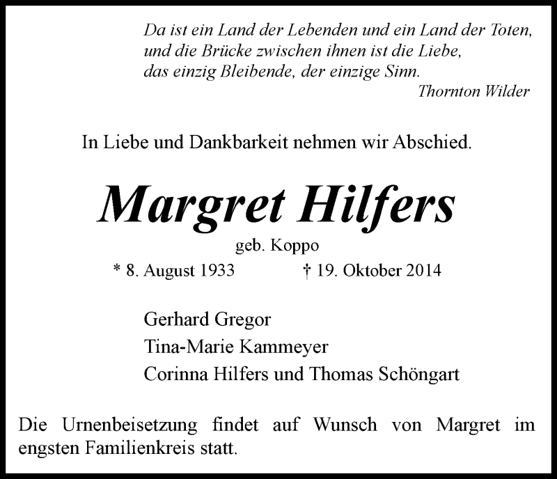 Traueranzeige von Margret Hilfers von WESER-KURIER