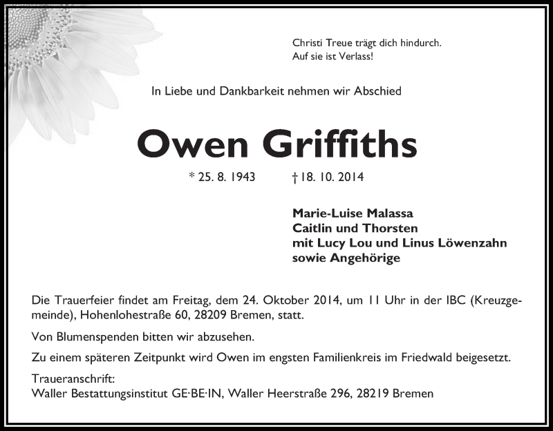 Traueranzeige von Owen Griffiths von WESER-KURIER
