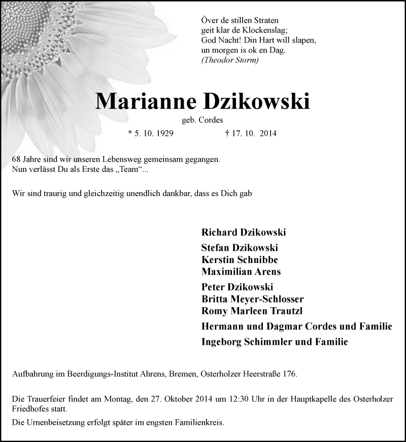 Traueranzeige von Marianne Dzikowski von WESER-KURIER