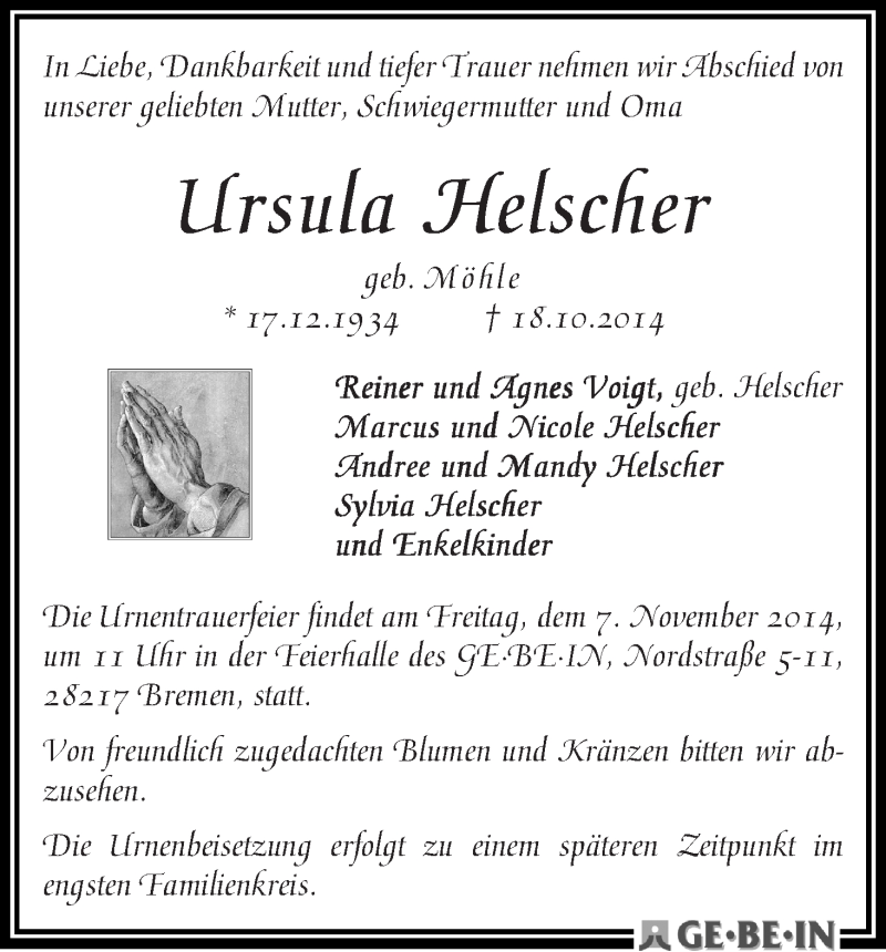 Traueranzeige von Ursula Helscher von WESER-KURIER