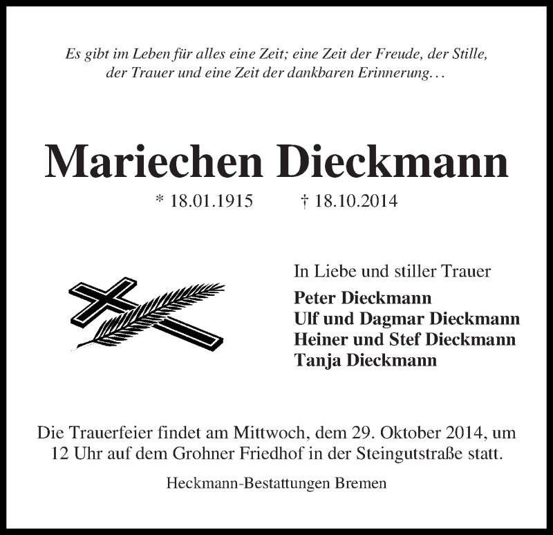 Traueranzeige von Mariechen Dieckmann von Die Norddeutsche