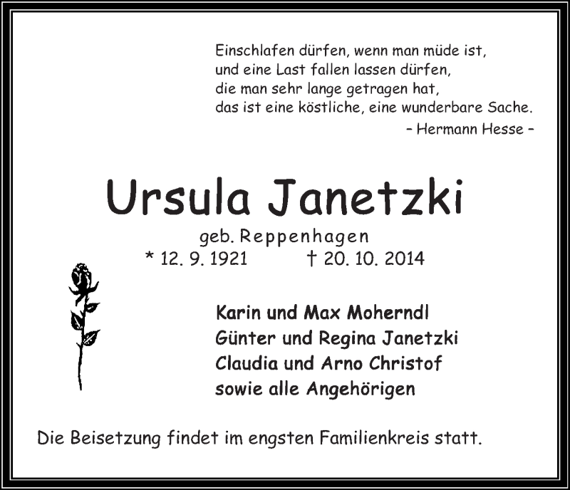 Traueranzeige von Ursula Janetzki von WESER-KURIER