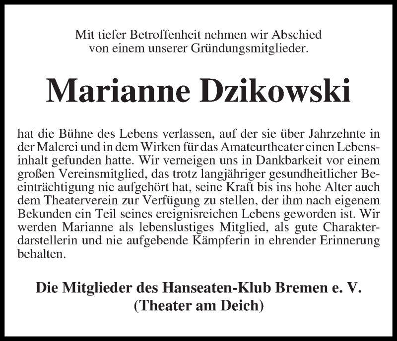 Traueranzeige von Marianne Dzikowski von WESER-KURIER