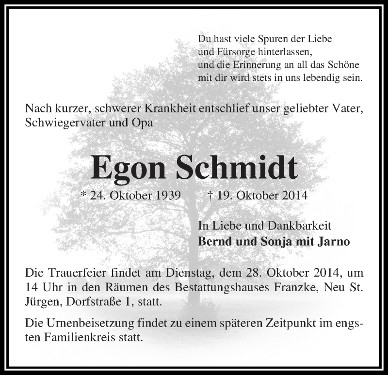 Traueranzeige von Egon Schmidt von Wuemme Zeitung
