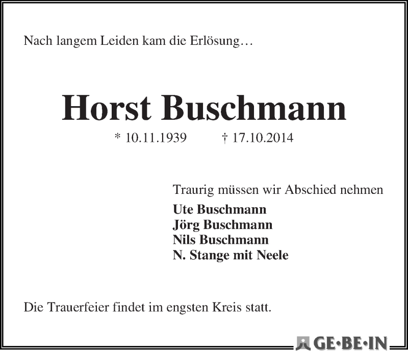 Traueranzeige von Horst Buschmann von WESER-KURIER