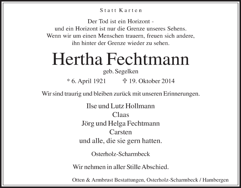 Traueranzeige von Hertha Fechtmann von Osterholzer Kreisblatt