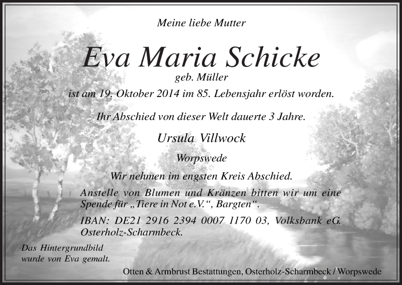 Traueranzeige von Eva Maria Schicke von Wuemme Zeitung