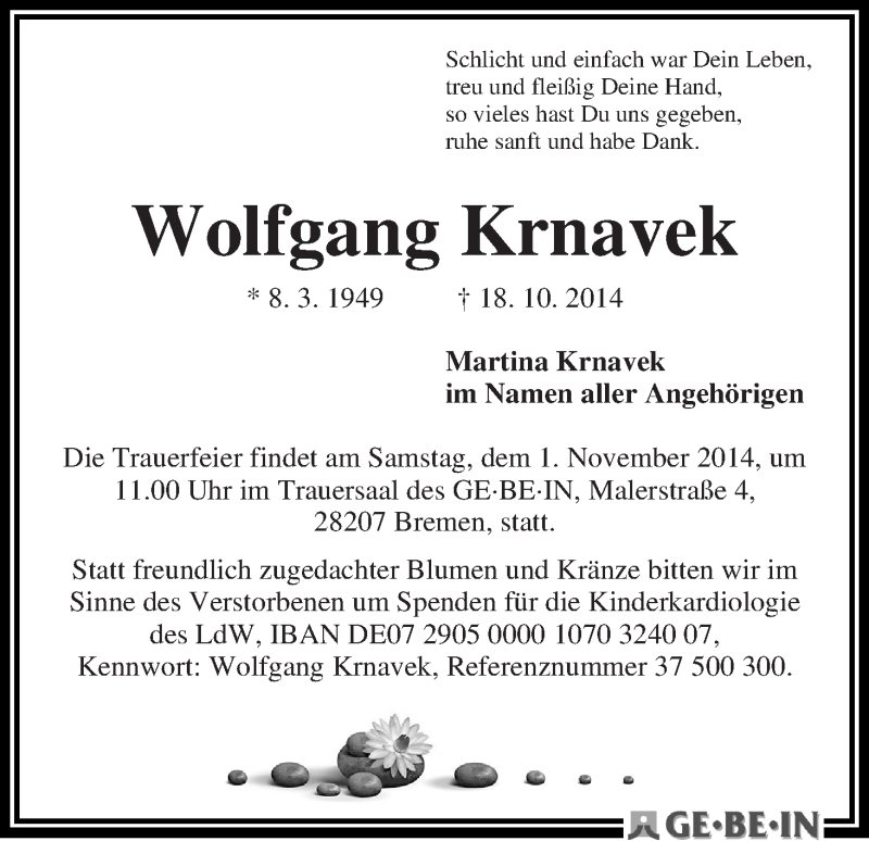 Traueranzeige von Wolfgang Krnavek von WESER-KURIER