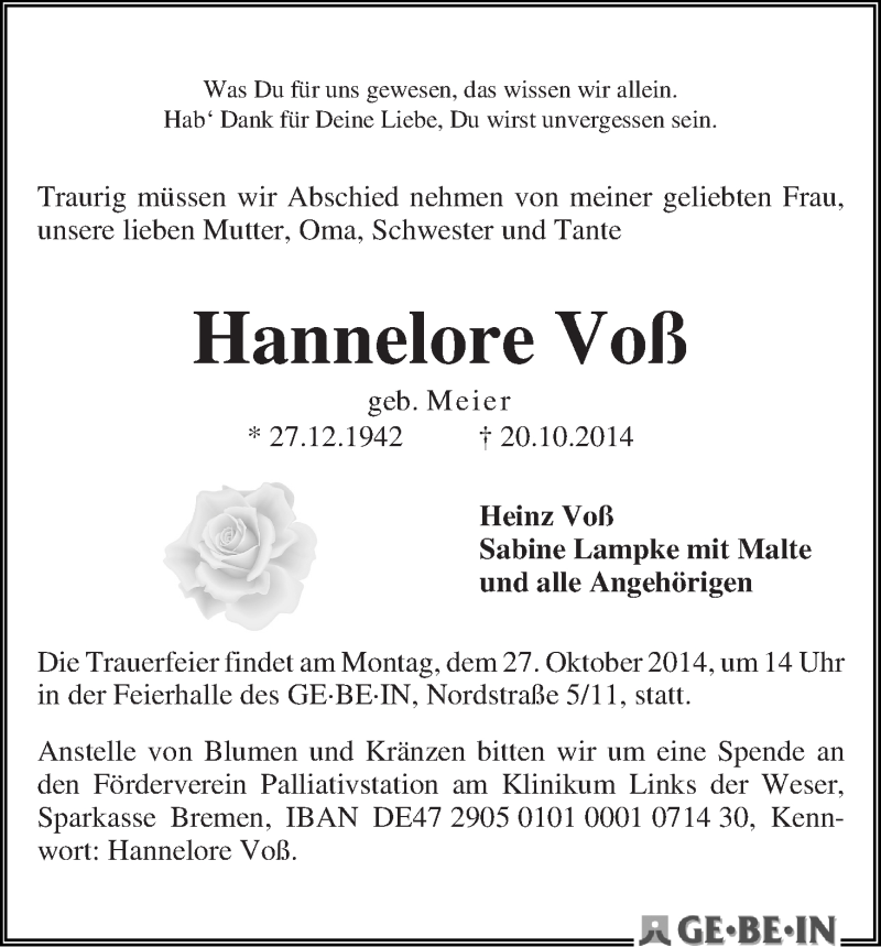 Traueranzeige von Hannelore Voß von WESER-KURIER