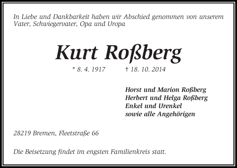 Traueranzeige von Kurt Roßberg von WESER-KURIER