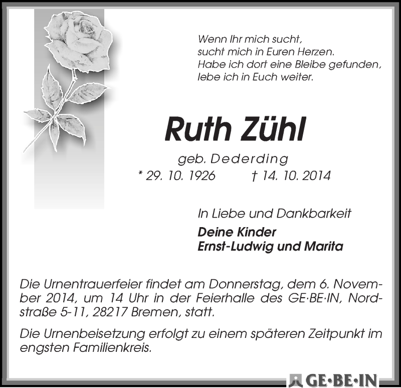 Traueranzeige von Ruth Zühl von WESER-KURIER