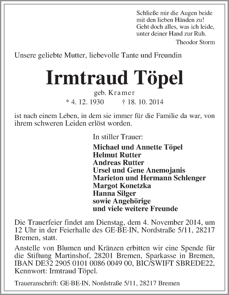 Traueranzeige von Irmtraud Töpel von WESER-KURIER