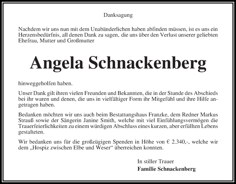  Traueranzeige für Angela Schnackenberg vom 25.10.2014 aus Wuemme Zeitung