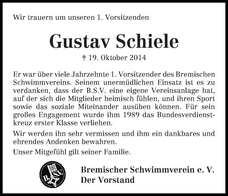 Traueranzeige von Gustav Schiele von WESER-KURIER