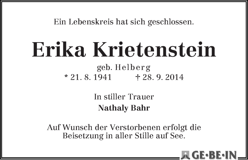 Traueranzeige von Erika Krietenstein von WESER-KURIER