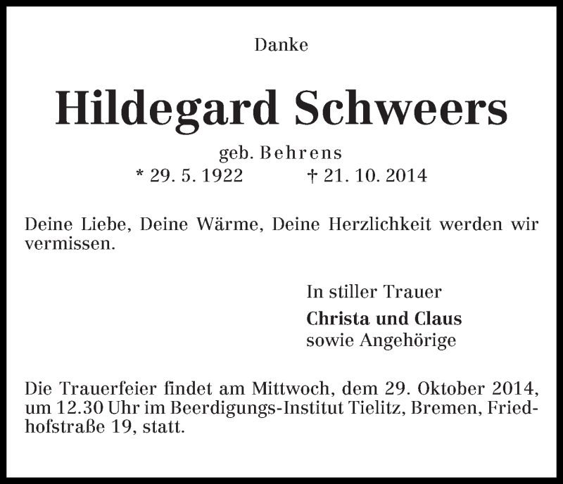 Traueranzeige von Hildegard Schweers von WESER-KURIER