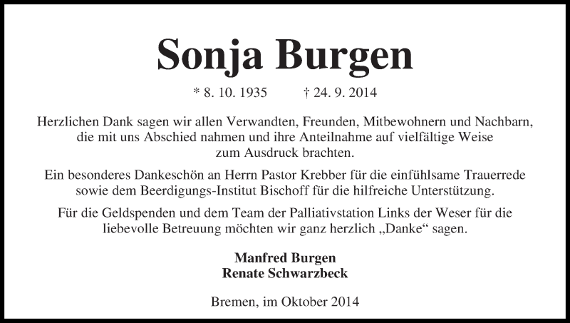 Traueranzeige von Sonja Burgen von Die Norddeutsche