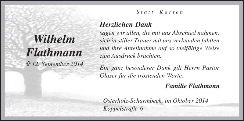 Traueranzeige von Wilhelm Flathmann von Osterholzer Kreisblatt