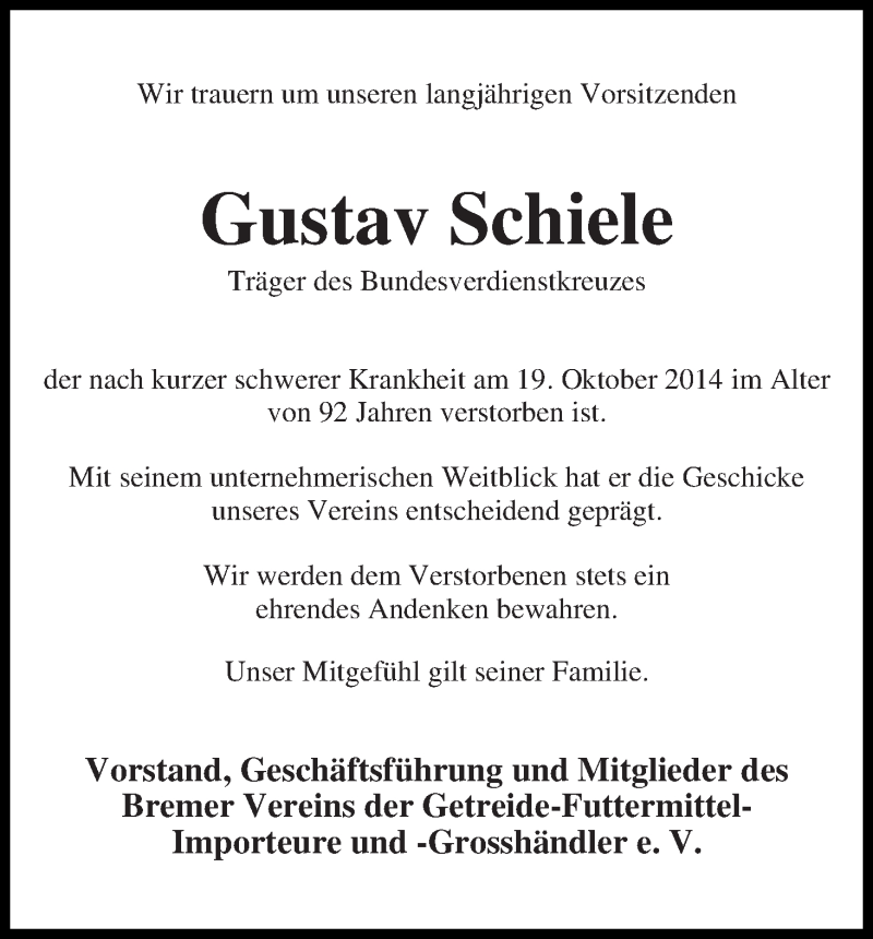 Traueranzeige von Gustav Schiele von WESER-KURIER