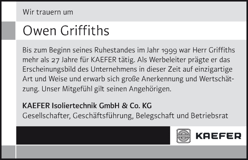 Traueranzeige von Owen Griffiths von WESER-KURIER