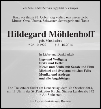 Traueranzeige von Hildegard Möhlenhoff