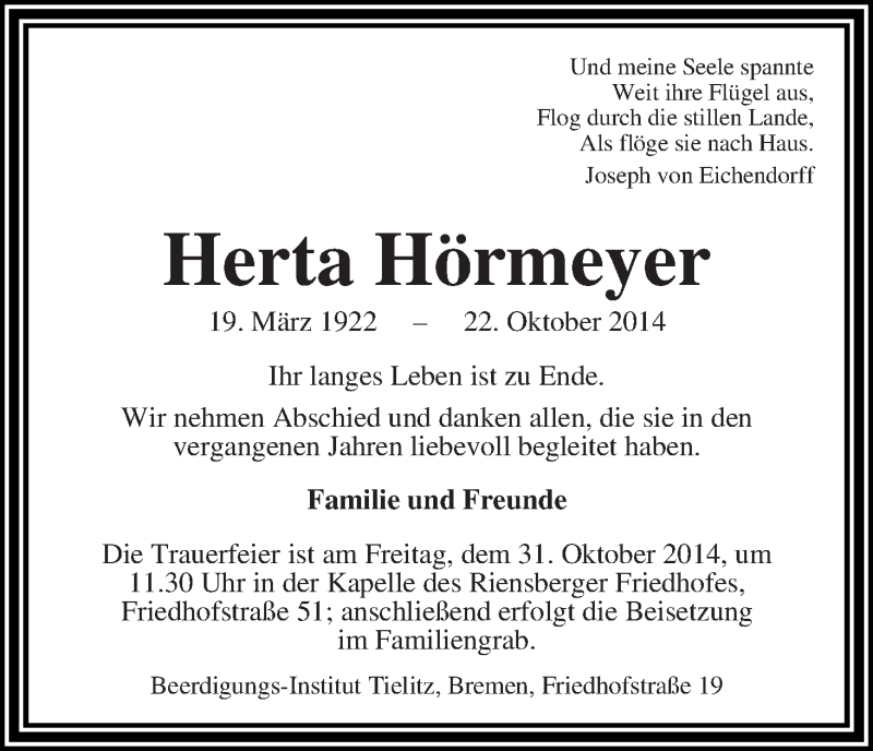 Traueranzeige von Herta Hörmeyer von WESER-KURIER