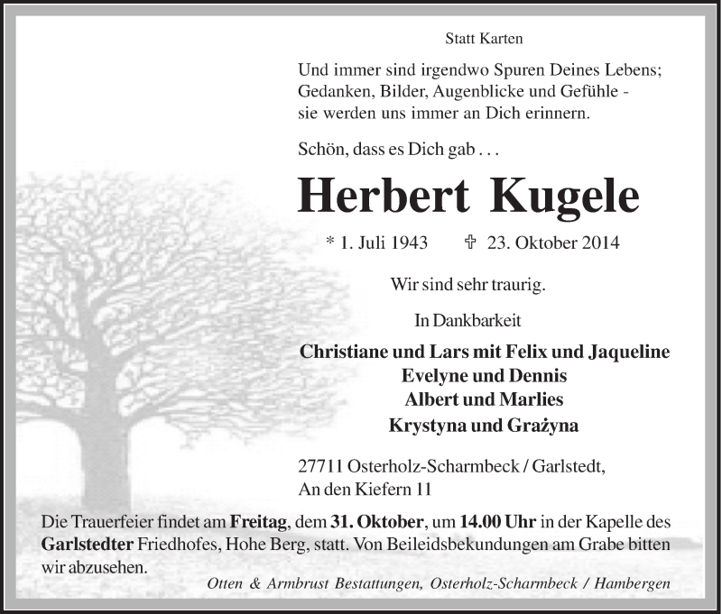 Traueranzeige von Herbert Kugele von Osterholzer Kreisblatt