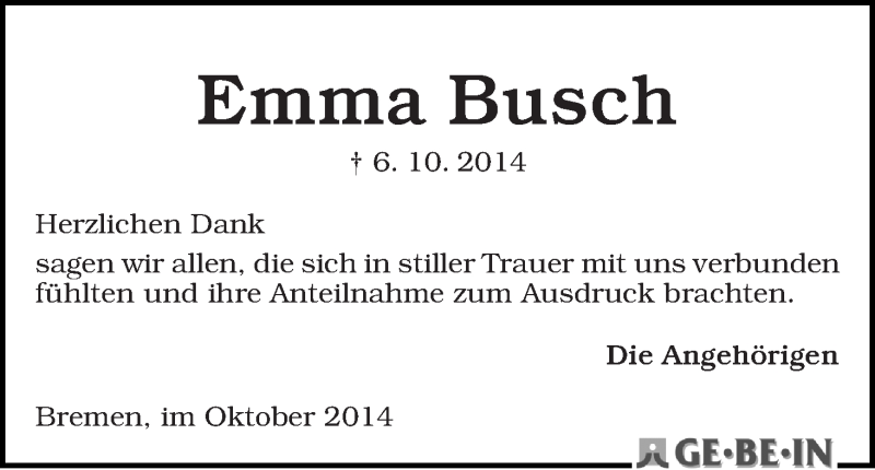 Traueranzeige von Emma Busch von WESER-KURIER