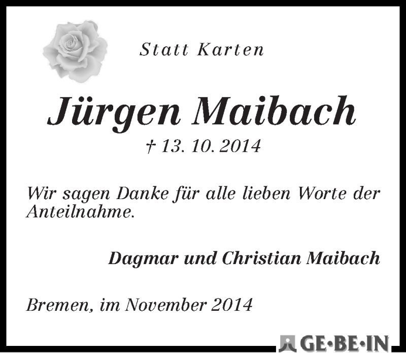 Traueranzeige von Jürgen Maibach von WESER-KURIER