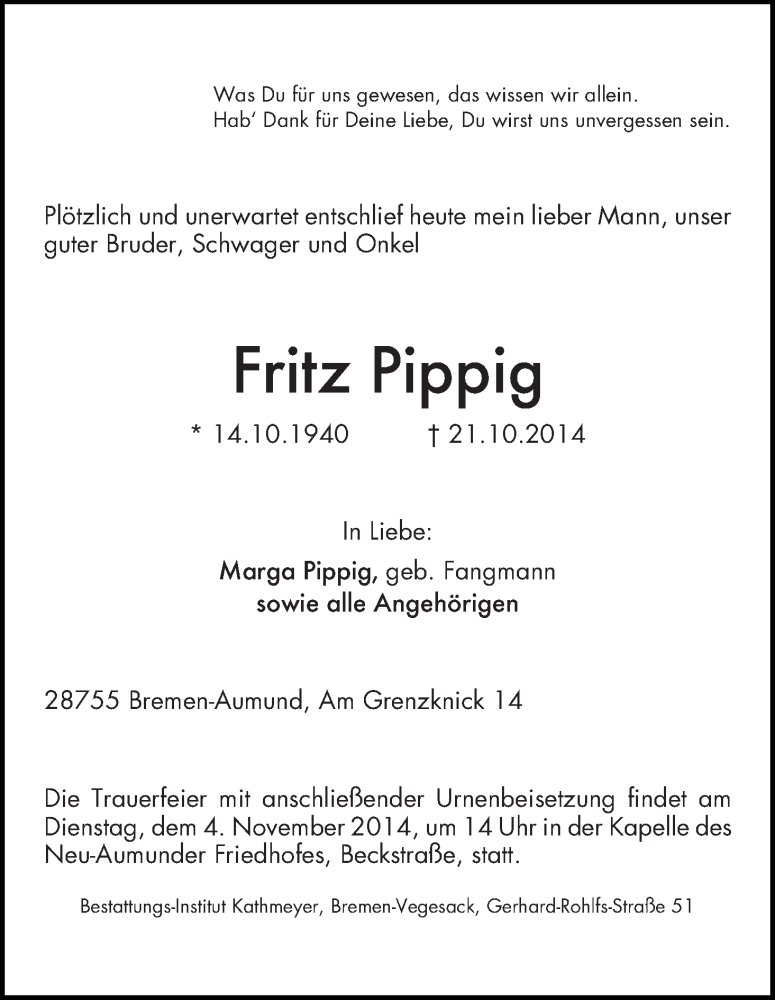 Traueranzeige von Fritz Pippig von Die Norddeutsche