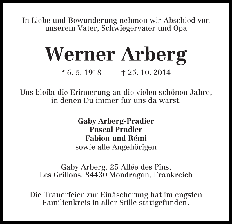Traueranzeige von Werner Arberg von WESER-KURIER