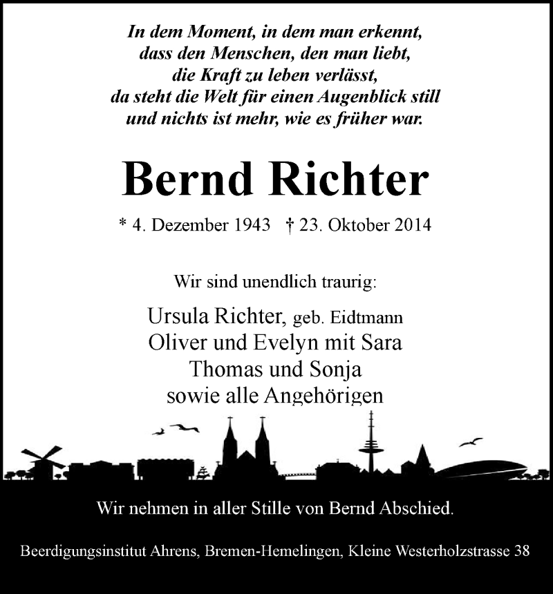 Traueranzeige von Bernd Richter von WESER-KURIER