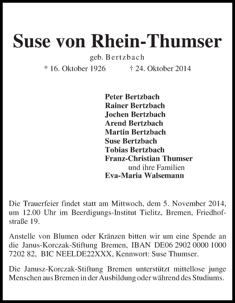 Traueranzeige von Suse von Rhein-Thumser von WESER-KURIER