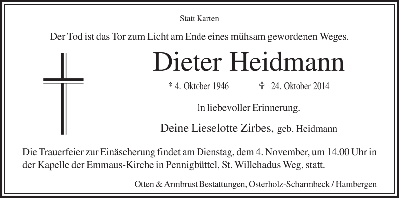 Traueranzeige von Dieter Heidmann von Osterholzer Kreisblatt