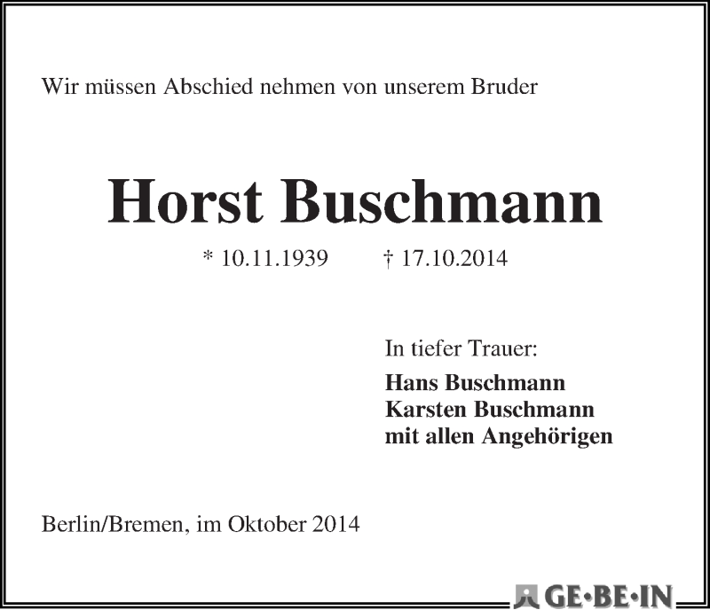 Traueranzeige von Horst Buschmann von WESER-KURIER