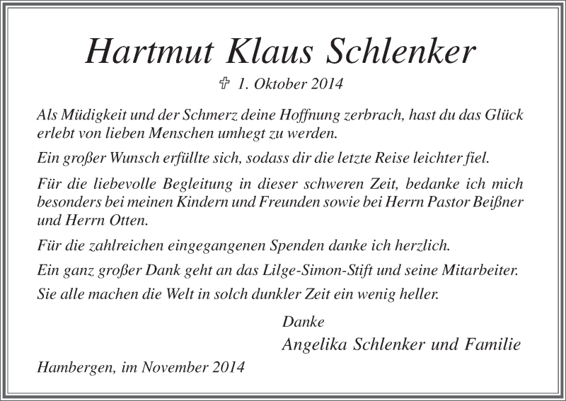 Traueranzeige von Hartmut Klaus Schlenker von Osterholzer Kreisblatt