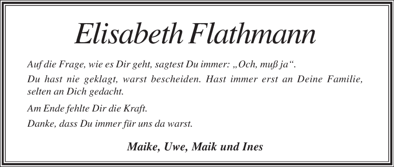 Traueranzeige von Elisabeth Flathmann von Osterholzer Kreisblatt