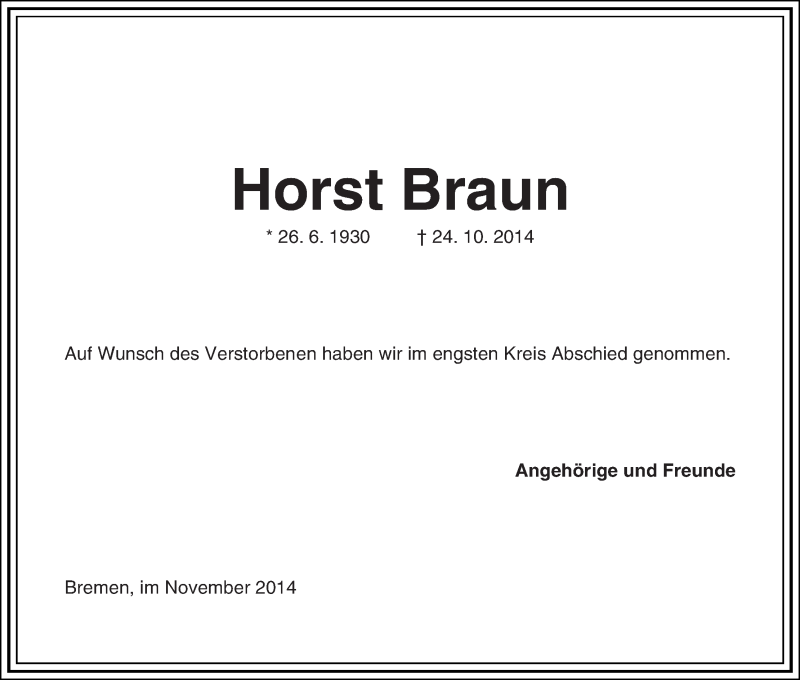 Traueranzeige von Horst Braun von Die Norddeutsche