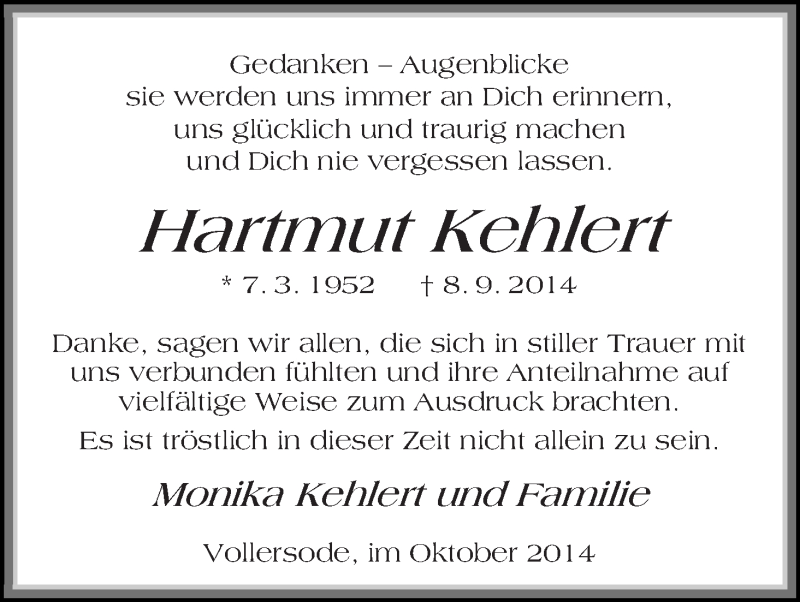 Traueranzeige von Hartmut Kehlert von Osterholzer Kreisblatt